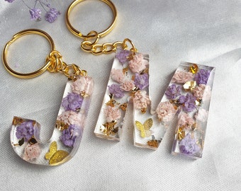 Personalized keychain letter with gypsophila, Valentine's Day gift, gift for her