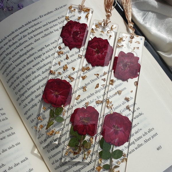 Lesezeichen mit echten Rosen aus Resin, Personalisierte Lesezeichen, Geschenke für sie, Geschenkidee,  Rote Rosen, Lesezeichen Name