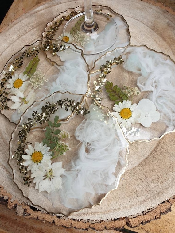 Untersetzer für Gläser aus Resin mit echten Blumen, Einzug Geschenk, Geschenkidee, Geschenk für sie, Tischdeko Ablage, Blumen Deko Tisch