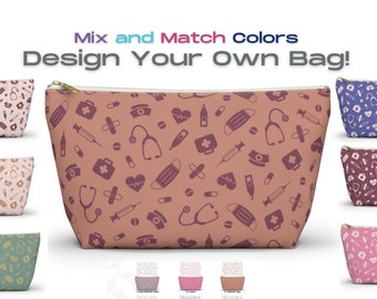May include: A collection of cosmetic bags with a variety of medical themed patterns. The bags are available in a variety of colors, including pink, blue, green, and brown. The bags are all made of a soft, durable fabric and feature a zipper closure.  Mix and Match Colors Design Your Own Bag!