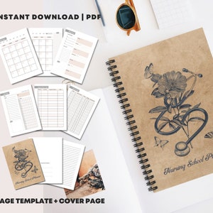May include: A brown paper cover with a spiral binding for a nursing school planner. The cover features a vintage illustration of a stethoscope, flowers, and butterflies. The text "Nursing School Planner" is printed on the cover.