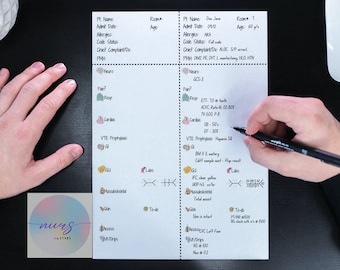 Könnte beinhalten: Ein weißes Blatt Papier mit einer handschriftlichen Krankenakte. Die Akte enthält Patienteninformationen, Vitalwerte und Krankengeschichte. Die Akte ist in zwei Spalten unterteilt, wobei jede Spalte die Informationen eines anderen Patienten enthält. Die Akte liegt auf einer schwarzen Oberfläche.