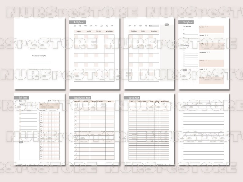 May include: A printable planner with pages for daily, weekly, and monthly planning. It also includes a project tracker and a habit tracker. The pages are white with black lines and gray accents.