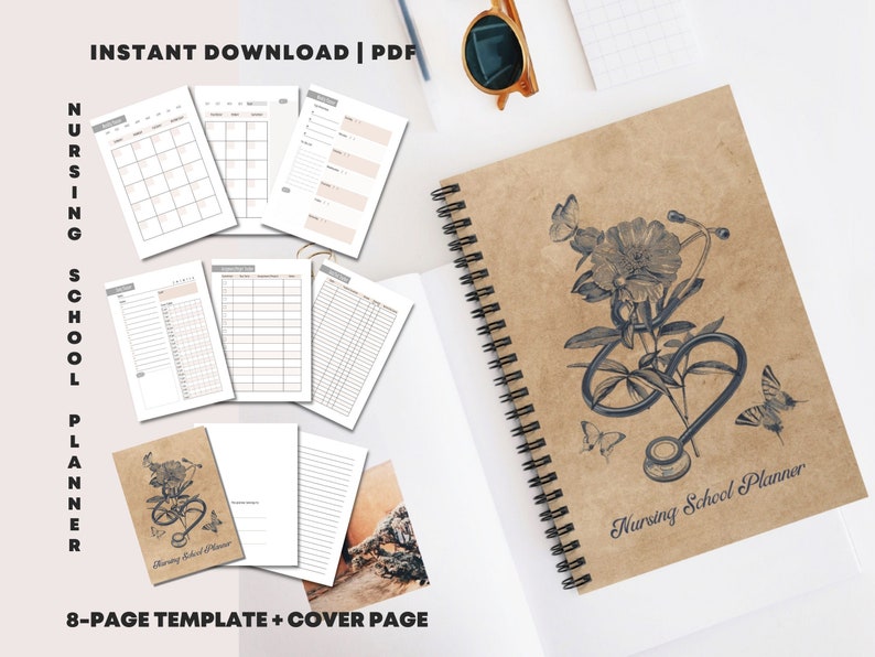 May include: A brown paper cover with a spiral binding for a nursing school planner. The cover features a vintage illustration of a stethoscope, flowers, and butterflies. The text "Nursing School Planner" is printed on the cover.