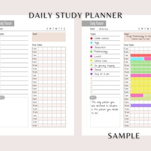 May include: A daily study planner with a sample schedule for the day. The planner includes a section for tasks, goals, and a time table. The time table is color-coded to show different activities throughout the day. The sample schedule includes activities like exercise, breakfast, lunch, studying, and grocery shopping.