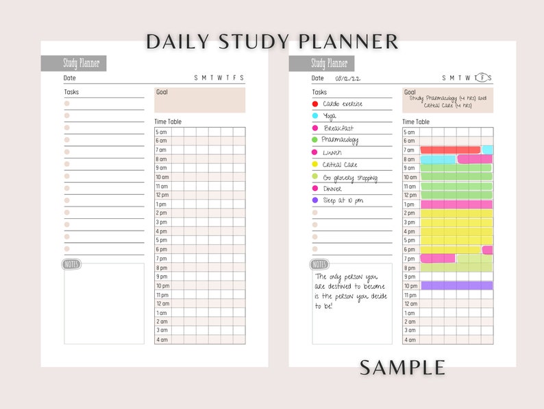 May include: A daily study planner with a sample schedule for the day. The planner includes a section for tasks, goals, and a time table. The time table is color-coded to show different activities throughout the day. The sample schedule includes activities like exercise, breakfast, lunch, studying, and grocery shopping.