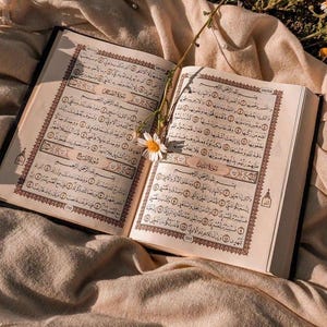 Op de afbeelding: Een open boek met Arabische tekst op de pagina's. Het boek ligt op een beige stoffen oppervlak met een witte bloem op de linkerpagina. Het boek is omringd door groen gras en witte bloemen.