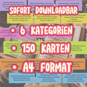 Op de afbeelding: Een kleurrijke poster met de tekst "SOFORT DOWNLOADBAR" in roze en wit. De poster adverteert 150 islamitische citaatkaartjes in 6 categorie&euml;n, gedrukt op A4-papier. De poster toont verschillende citaten in het Duits en Arabisch.