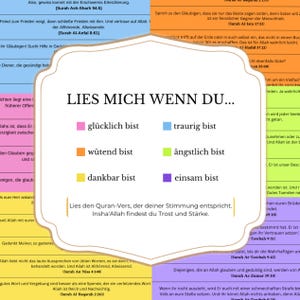 Könnte beinhalten: Dekorativer islamischer Kunstdruck mit weißem und goldenem Rand. Der zentrale Text lautet "Lies mich wenn du..." mit farbcodierten emotionalen Zuständen wie "glücklich" und "traurig". Enthält Koranverse.
