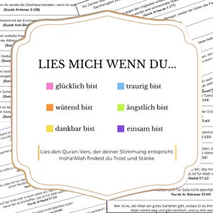 Könnte beinhalten: Eine dekorative Karte mit dem Text "LIES MICH WENN DU..." in Schwarz. Sie zeigt farbcodierte Emotionen: glücklich (rosa), traurig (blau), wütend (orange), ängstlich (grün), dankbar (gelb) und einsam (lila). Die Karte enthält auch Text auf Deutsch und Arabisch.
