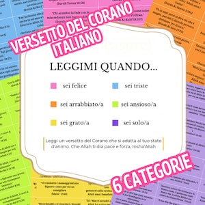 Könnte beinhalten: Ein farbenfrohes Diagramm mit dem Titel "Versetto del Corano Italiano" und dem Text "Leggi mi quando..." mit sechs Kategorien: sei felice, sei arrabbiato/a, sei grato/a, sei triste, sei ansioso/a, sei solo/a. Das Diagramm enthält auch den Text "Leggi un versetto del Corano che si adatta al tuo stato d'animo. Che Allah ti dia pace e forza, Insha'Allah" und "6 Categorie".