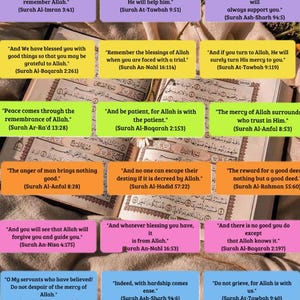 May include: A collage of inspirational quotes from the Quran, each with a different colored background. The quotes are written in English and Arabic. The image is set against a background of a book with Arabic text and a white flower.