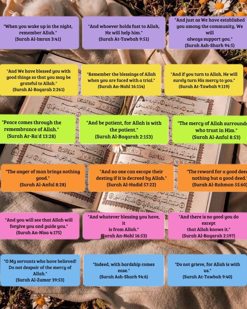 May include: A collage of inspirational quotes from the Quran, each with a different colored background. The quotes are written in English and Arabic. The image is set against a background of a book with Arabic text and a white flower.