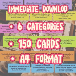 May include: A colorful image with the text "IMMEDIATE DOWNLOAD" in a pink box. The image also includes the text "6 CATEGORIES", "150 CARDS", and "A4 FORMAT" in pink boxes. The image is a collage of different quotes in German, with each quote in a different colored box.