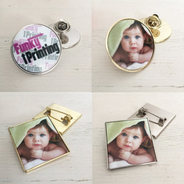 Personalised Photo Pin Badge, Custom Lapel Clip Brooch,  Gold & Silver, Any Image Logo Text