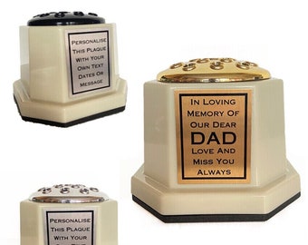 Personalised Ivory White Memorial Grave Flower Vase, Pot & Custom Gold, Silver Metal Plaque Any Text