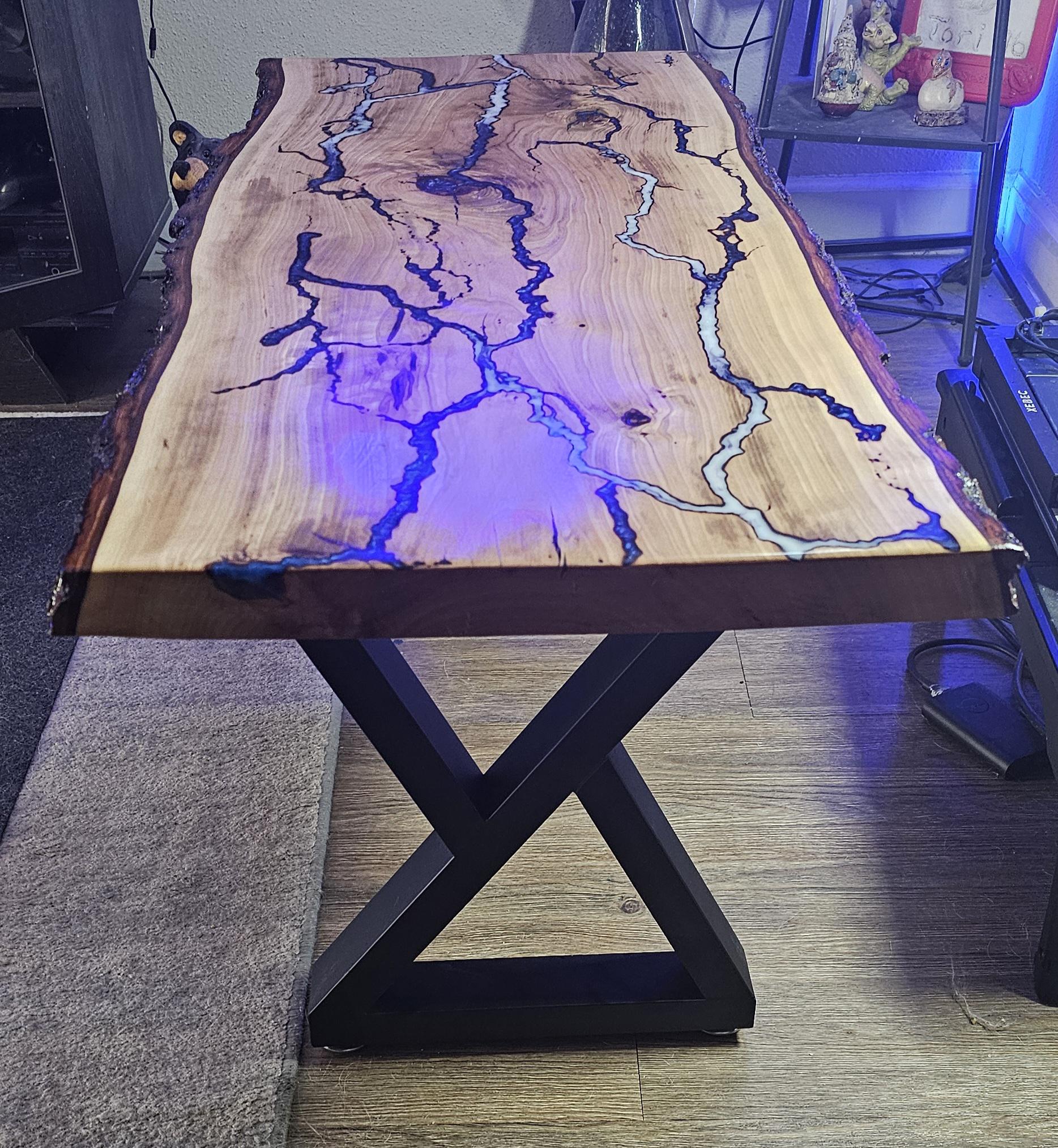New Price on This Live Edge Fractal Burned and Resin Coffee Table