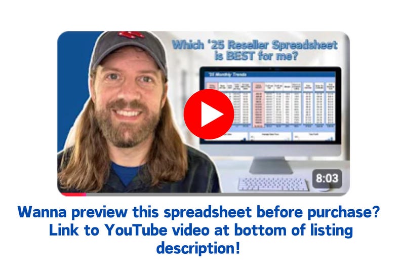 May include: A man with long brown hair and a beard is smiling at the camera. He is wearing a blue shirt and a baseball cap. Behind him is a computer screen with a spreadsheet and a play button. The text on the screen reads "Which '25 Reseller Spreadsheet is BEST for me?" and "Wanna preview this spreadsheet before purchase? Link to YouTube video at bottom of listing description!"