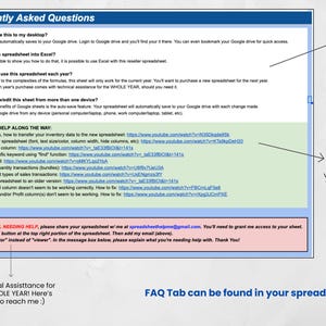 Puede incluir: Captura de pantalla de una p&aacute;gina de preguntas frecuentes de hoja de c&aacute;lculo con texto azul y blanco. La p&aacute;gina incluye preguntas sobre c&oacute;mo guardar, importar y usar la hoja de c&aacute;lculo. Tambi&eacute;n hay enlaces a tutoriales en v&iacute;deo e informaci&oacute;n de contacto para asistencia t&eacute;cnica.