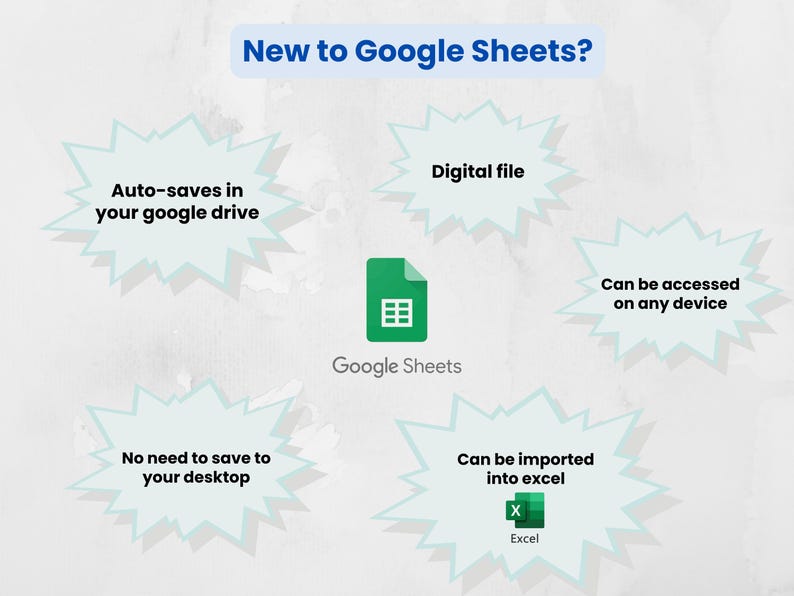 Puede incluir: Gr&aacute;fico informativo con el texto "&iquest;Nuevo en Google Sheets?" y caracter&iacute;sticas de Google Sheets. Incluye guardado autom&aacute;tico, acceso a archivos digitales y capacidades de importaci&oacute;n. El logotipo de Google Sheets est&aacute; en el centro.