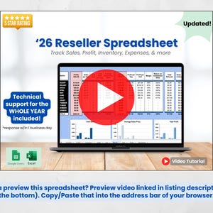 Puede incluir: Una computadora port&aacute;til muestra una hoja de c&aacute;lculo titulada '26 Reseller Spreadsheet' con tablas de datos y gr&aacute;ficos. La imagen incluye un bot&oacute;n 'Video Tutorial' y texto que indica que se incluye soporte t&eacute;cnico.