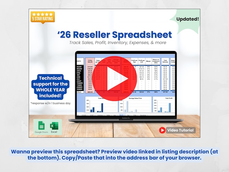 Puede incluir: Una computadora port&aacute;til muestra una hoja de c&aacute;lculo titulada '26 Reseller Spreadsheet' con tablas de datos y gr&aacute;ficos. La imagen incluye un bot&oacute;n 'Video Tutorial' y texto que indica que se incluye soporte t&eacute;cnico.