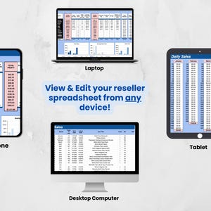 Puede incluir: Imagen que muestra una hoja de c&aacute;lculo de revendedor en un tel&eacute;fono, una computadora port&aacute;til, una computadora de escritorio y una tableta. El texto "View & Edit your reseller spreadsheet from any device!" se muestra en texto azul.