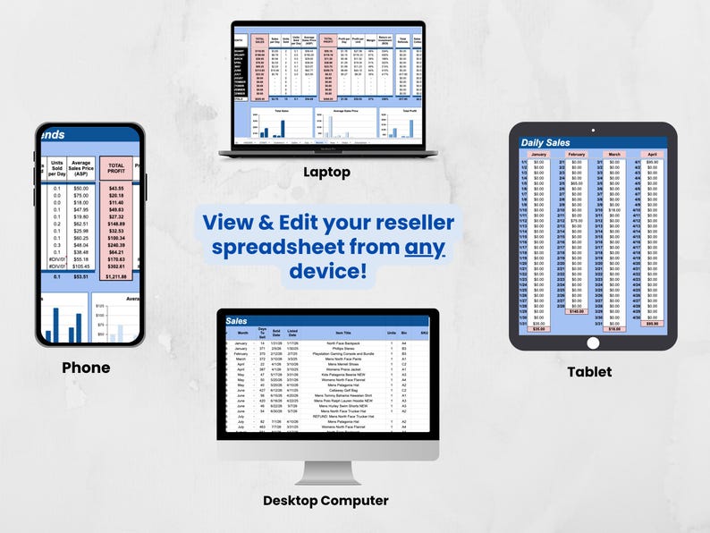 Puede incluir: Imagen que muestra una hoja de c&aacute;lculo de revendedor en un tel&eacute;fono, una computadora port&aacute;til, una computadora de escritorio y una tableta. El texto "View & Edit your reseller spreadsheet from any device!" se muestra en texto azul.
