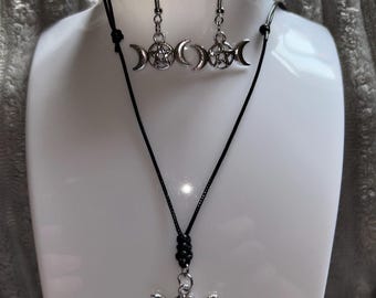 Triple Moon Goddess earrings/ pendant, Pentagram, Wicca, Witchy, Crescent Moon