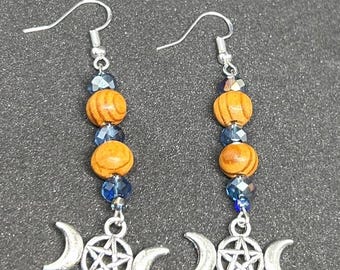 Triple Moon Goddess Earrings – Wood & Blue Beads, Wiccan Pagan Jewelry