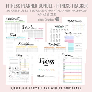 May include: A printable fitness planner bundle with 20 pages. The pages include trackers for supplements, periods, steps, strength training, water intake, workouts, habits, weekly fitness plans, and macros. The pages are designed in a classic happy planner style with pastel colors and cute illustrations. The text "Fitness Planner Bundle - Fitness Tracker" is at the top of the image. The text "Instant Download PDF" is in the upper right corner of the image. The text "Challenge yourself and achieve your goals" is at the bottom of the image.