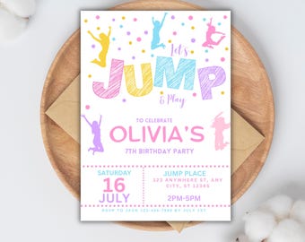 Invitación de cumpleaños editable con salto, invitación de cumpleaños con trampolín, invitación de cumpleaños con salto, fiesta de salto con castillo inflable, invitación para chicas que saltan