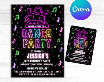 DJ Dance Glow Birthday Invitation - Editable Neon Party Invite Template - Blacklight Rave Party - Teen or Tween Dance Birthday Invite -CANVA