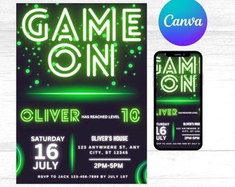Video Game Birthday Invitation Template, Video Game Invitation, Neon Glow, Kid Invite, Boy Game Party, Boy Gamer Invitation, Editable Canva