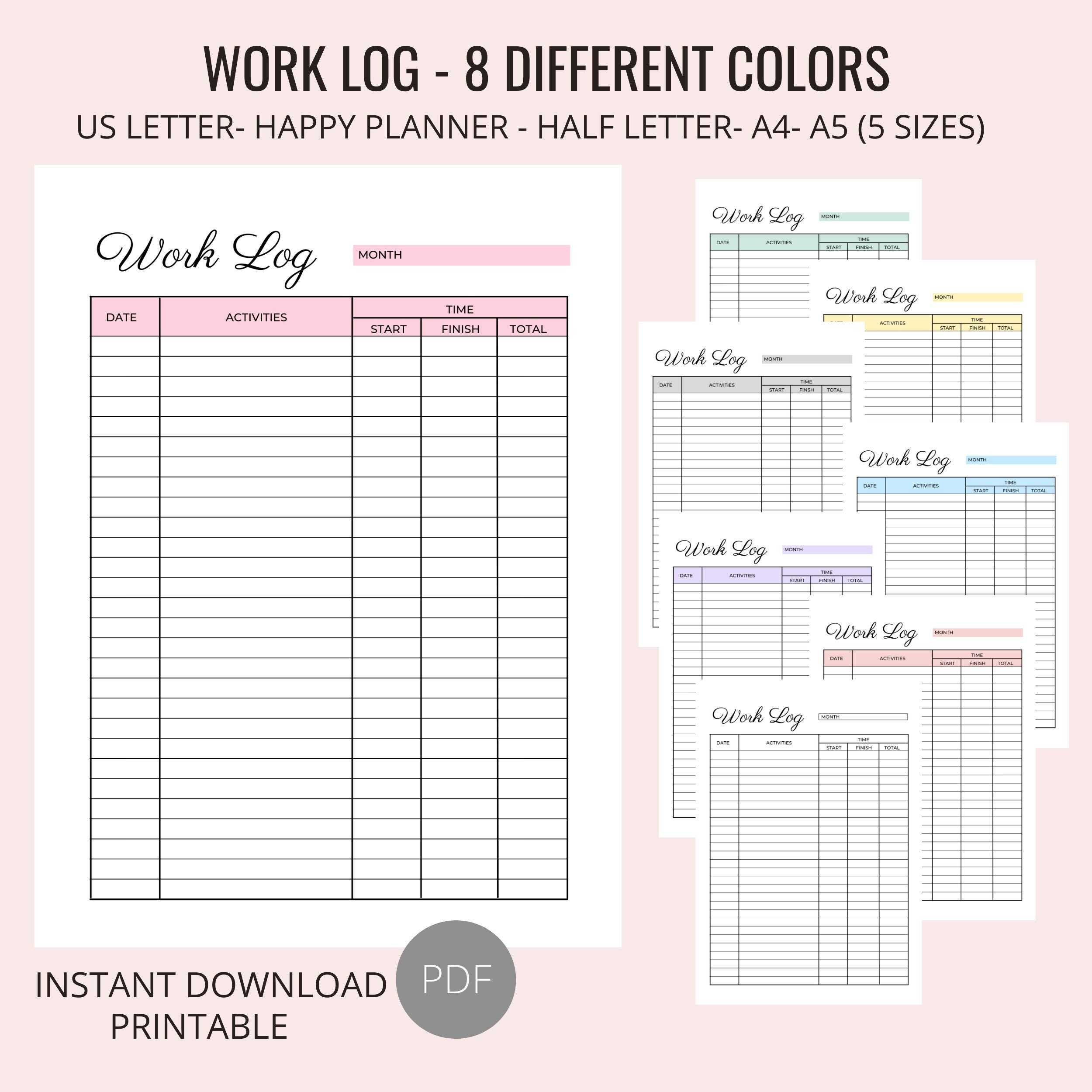 Work Log Printable, Time Log, Time Spent Tracker, Working Hours Log