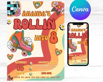 Editable Roller Skating Birthday Invitation: Groovy Retro Party (Digital Download)