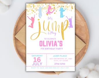 Editable Trampoline Birthday Invitation, Jump Invitation, Editable Jump Birthday Invite, Bounce House Jump Party, Let's Jump Girl, gold pink