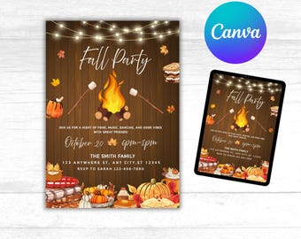 May include: Fall Party invitation with a rustic wood background, featuring a bonfire, pumpkins, and fall leaves. The text includes event details: October 20, 6pm-8pm, and RSVP information. A digital tablet displays the same design.
