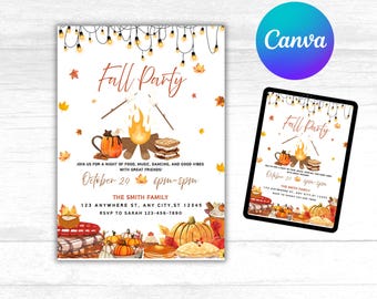 May include: Fall party invitation with a bonfire, pumpkins, and fall leaves. The invitation includes the text "Fall Party", date, time, and RSVP information. The design is displayed on a white background with a digital tablet.