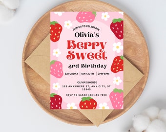 Berry Sweet Birthday Party Invitation, Editable Canva Template, Strawberry Birthday Invite, Strawberry Girl Birthday Party, Custom Invite