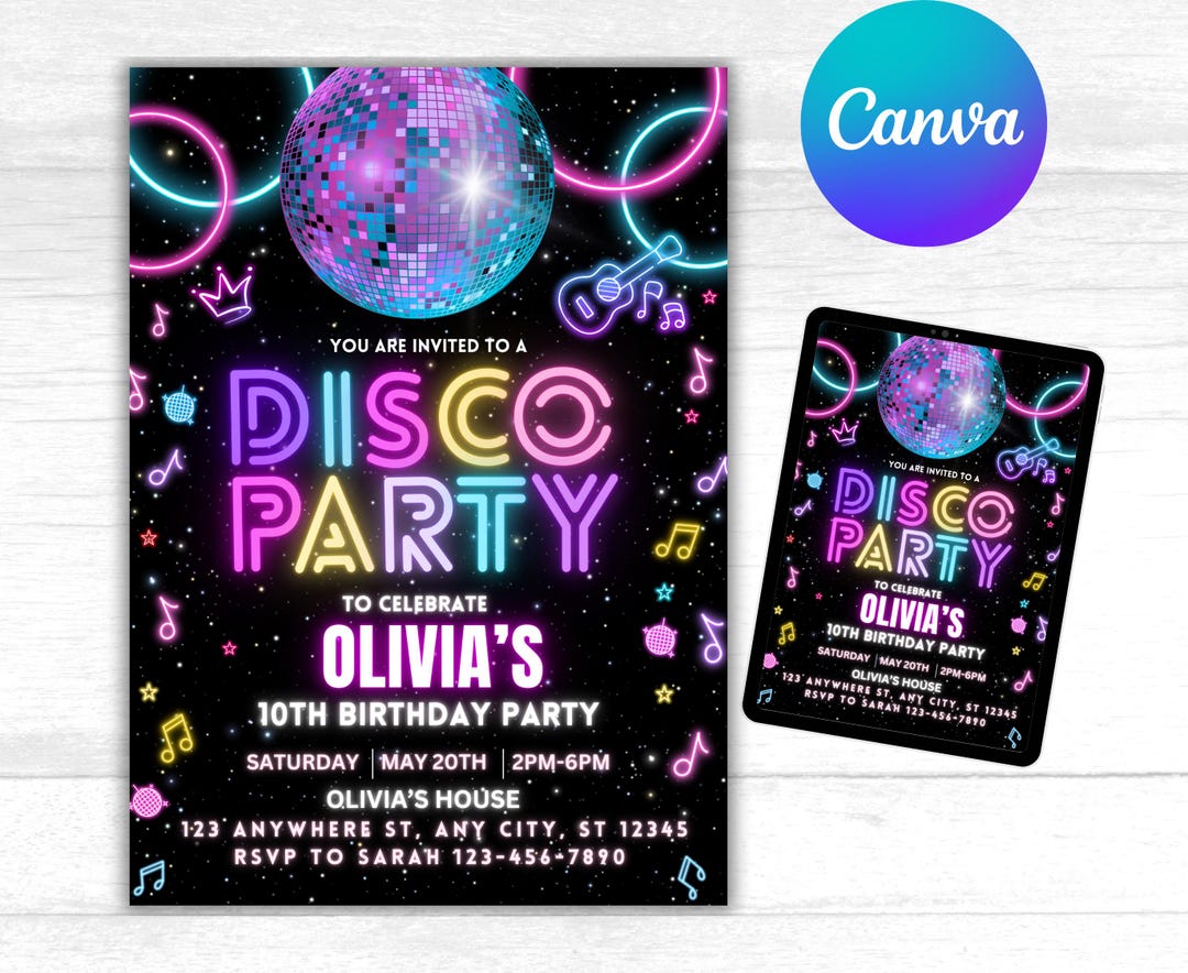 Disco Dance Glow Birthday Invitation - Editable Neon Party Invite ...