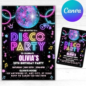 Disco Dance Glow Birthday Invitation - Editable Neon Party Invite Template - Printable Retro Dance Birthday - Glow in the Dark Invitation