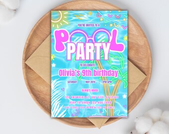 Glow Neon Pool Party Invitation: Tropical Tie Dye (Editable Digital Invite)
