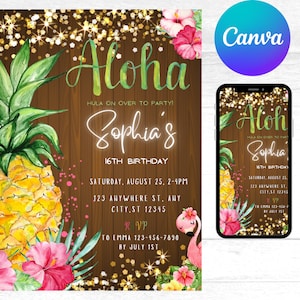 Editable Aloha Birthday Invitation: Tropical Pineapple Design (Digital Download)