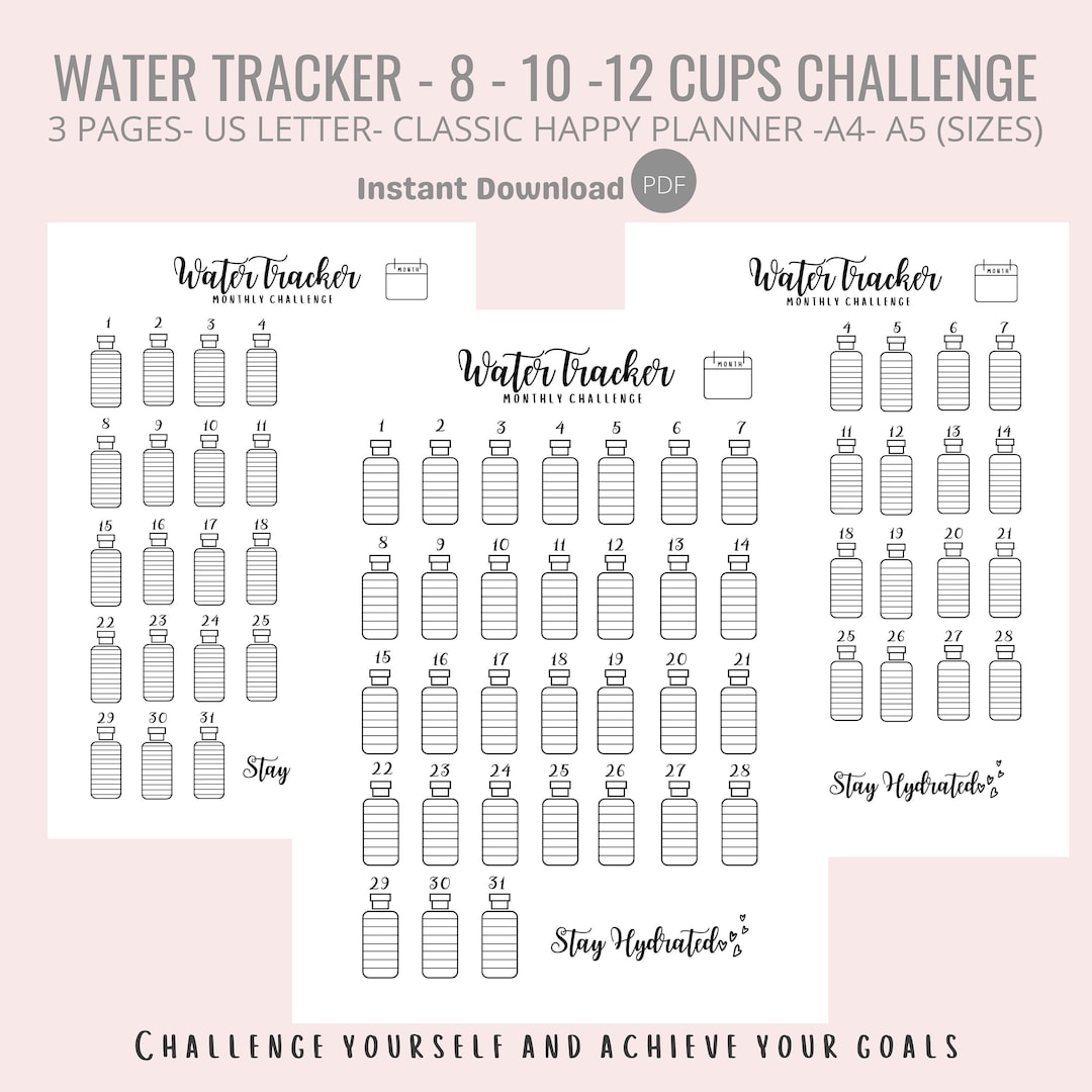Monthly Water Tracker Printable, Water Tracker Templates, 8 10 12 Water ...