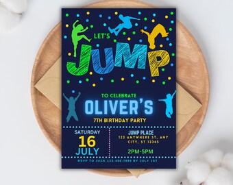 Invito di compleanno per bambini con trampolino - Invito per festa di salto modificabile - Modello stampabile per castello gonfiabile - Invito di compleanno per parco di trampolini