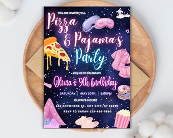 Invitación de cumpleaños editable de pizza y pijamas, fiesta de pijamas, fiesta de pijamas, fiesta de cine para chicas, Canva