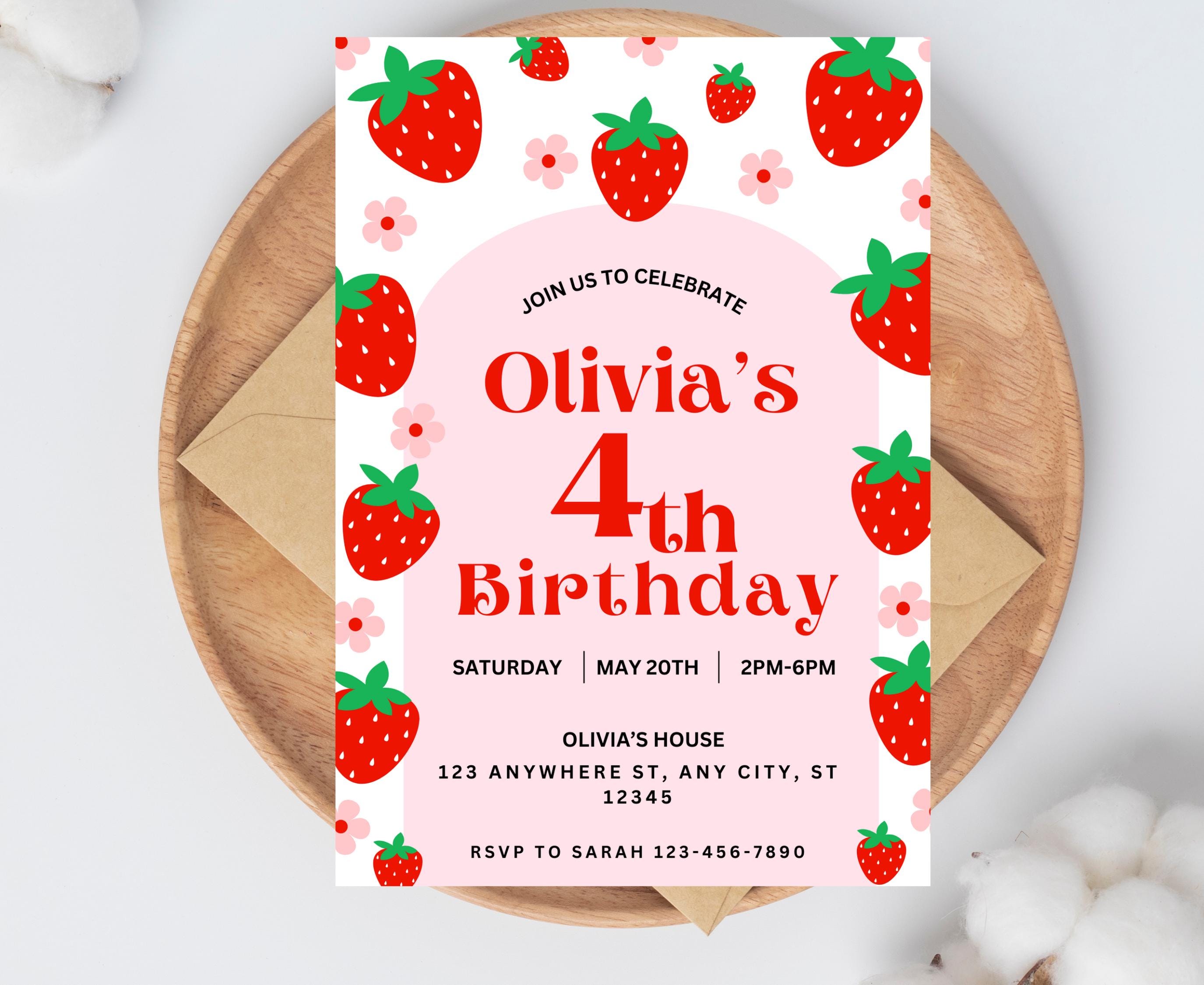 Editable Berry First Strawberry Birthday Invitation, Red Strawberry ...