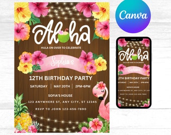May include: A pink flamingo with a flower on its head, a pink ribbon with the text "Sophia's" and the text "12th Birthday Party" on a brown wooden background with tropical flowers and string lights. The text "Aloha" is at the top of the invitation with the text "Hula on over to celebrate" below it. The invitation also includes the date, time, and location of the party.