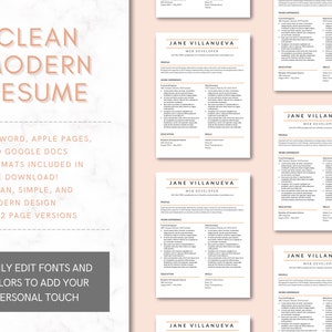 Resume Template, Professional Clean Modern Resume Template Google Docs, Apple Pages and MS Word, CV Template Professional